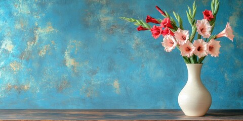 Elegant vase of pink and red gladiolus flowers on a wooden table against a vibrant blue backdrop with ample space for text on the left side