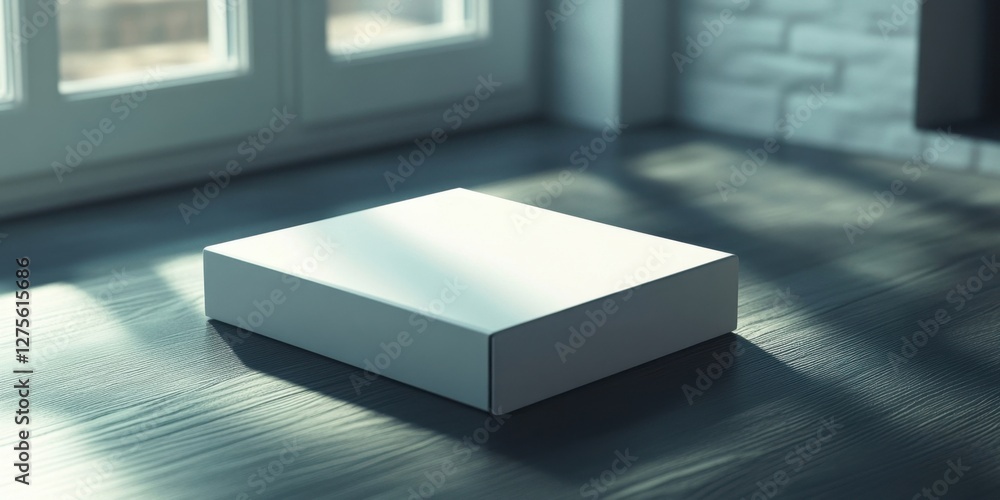 Poster minimalistic white software box lying flat on dark wooden floor near large windows casting soft ligh