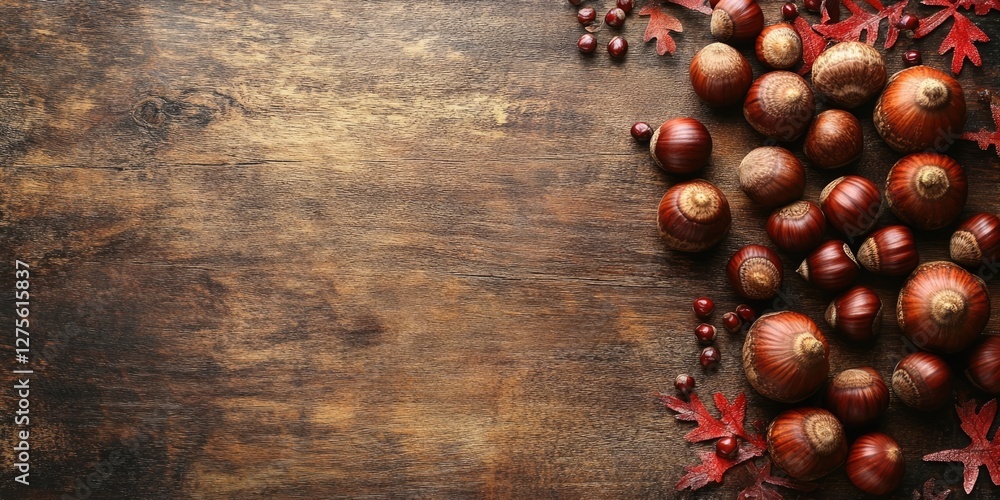 Poster chestnuts and red leaves arranged on a rustic wooden surface with dark brown tones creating a warm a