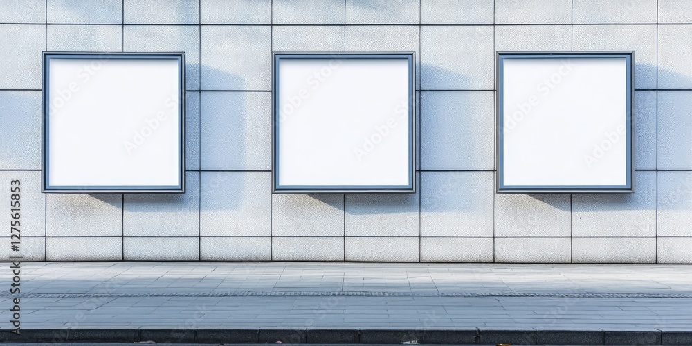 Poster blank billboard frames on a modern street wall with soft gray tiles, three empty rectangular spaces 