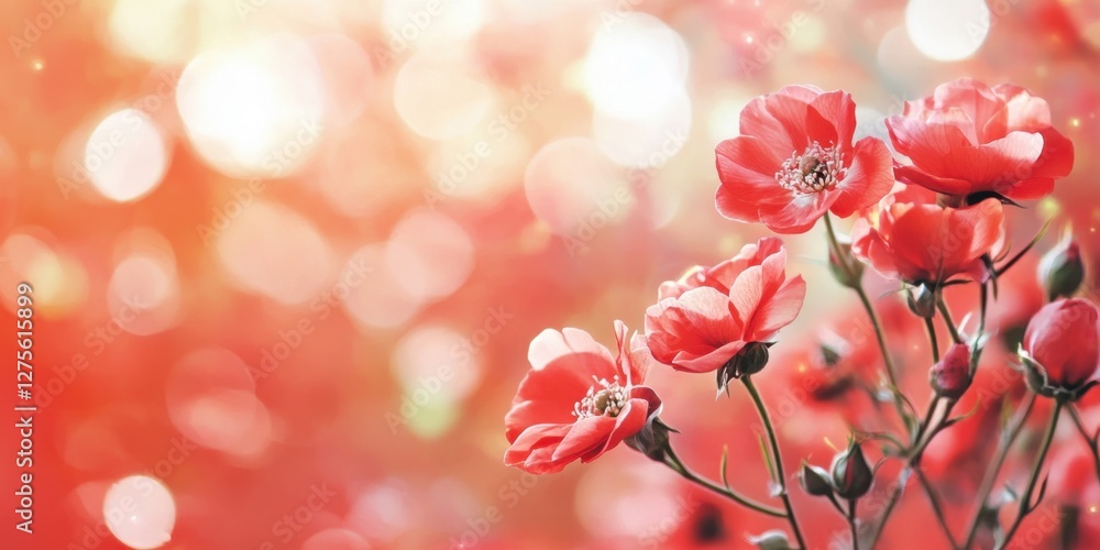Poster vibrant red floral background with soft bokeh and pink roses arranged on the left, creating a warm a