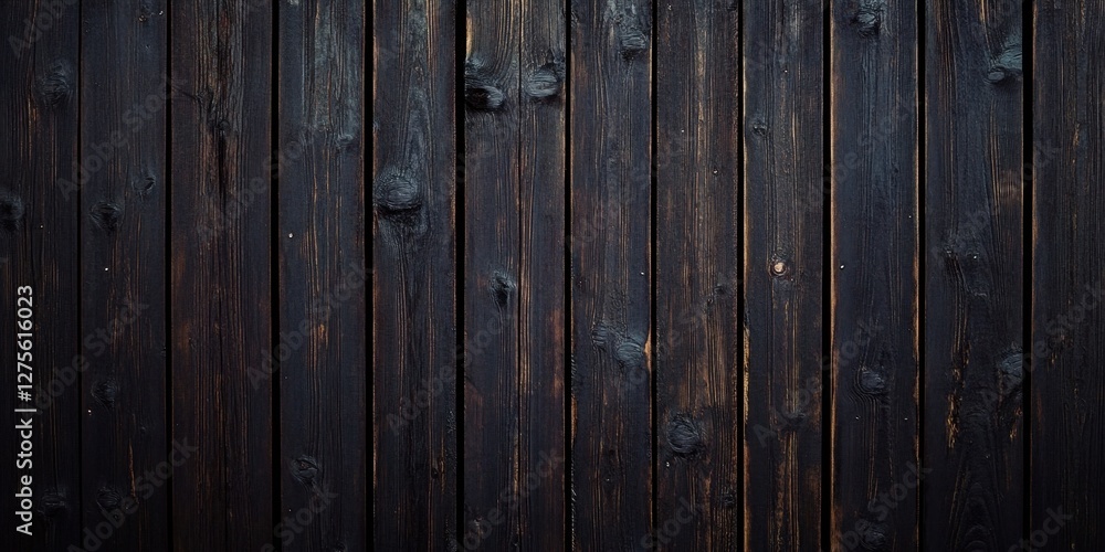 Poster dark wooden textured wall with deep black tones and subtle grain patterns arranged vertically, creat