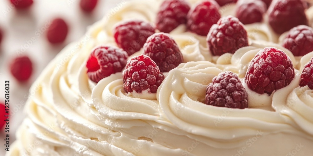 Poster decadent cake topped with swirl cream and fresh raspberries on a soft white background showcasing ri