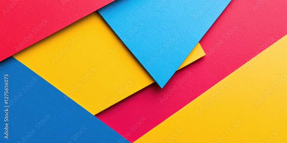 Poster vibrant geometric paper composition with red, blue, yellow and pink textured sheets arranged in an o
