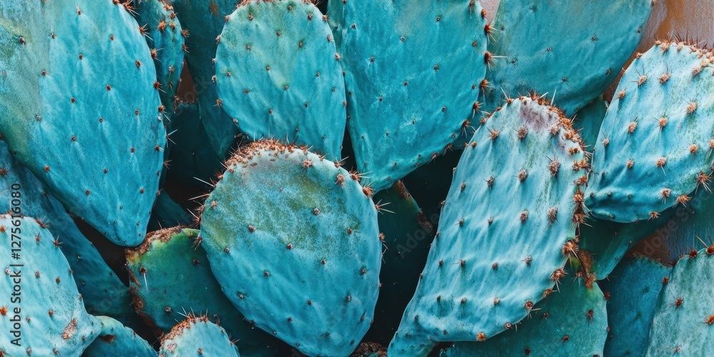 Poster close up view of vibrant turquoise and blue green cardon cactus pads arranged in an overlapping patt