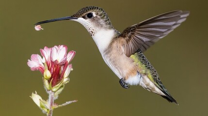 Fototapeta premium Hummingbird Feeding on Blossom with Soft Background Colors