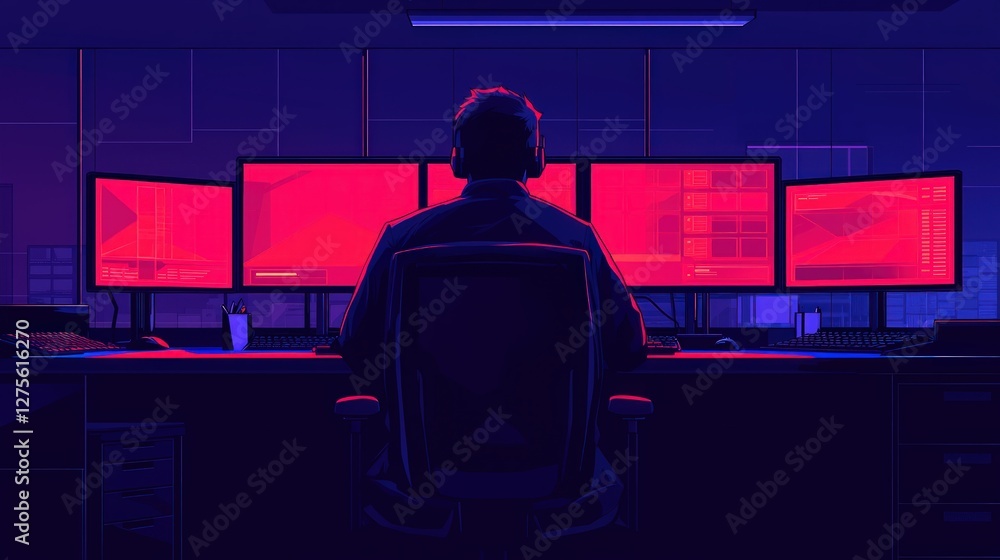 Poster Person Working Late at Night with Multiple Computer Screens Showing Red Data