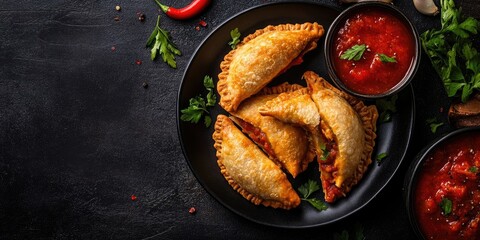 Golden-brown chebureks arranged on a black plate with rich tomato sauce in a bowl on a dark textured background with fresh herbs and spices.