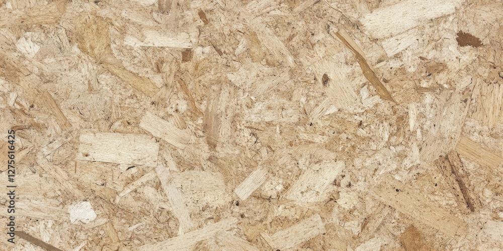 Poster chipboard sheet texture with natural beige tones featuring various wood particle sizes and shapes fo