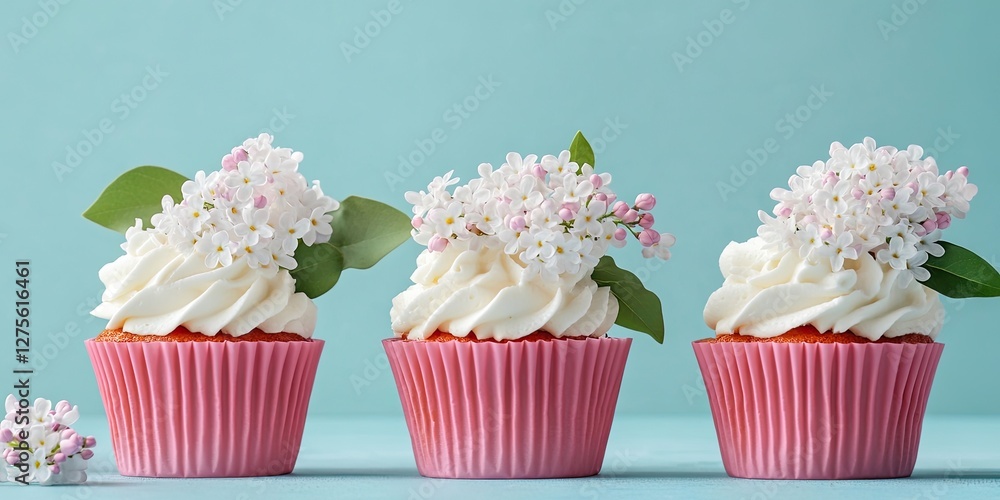 Poster elegant decorative cupcakes in pink wrappers topped with white lilacs arranged on a soft blue backgr