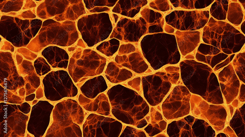 Poster abstract orange and black pattern resembling lava flow with interconnected web-like structures. conc