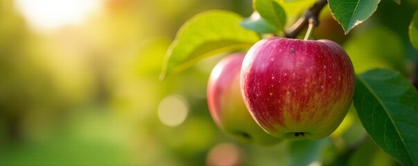 Close-up of ripe apples hanging on tree branches with colorful leaves in a sunny orchard, fruit, farming, orchard