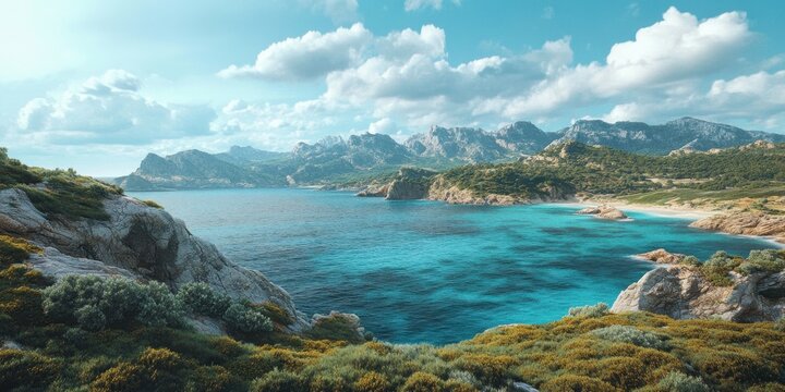 Serene coastal landscape with azure waters surrounded by lush greenery and distant mountains under a blue sky with fluffy clouds inviting exploration.