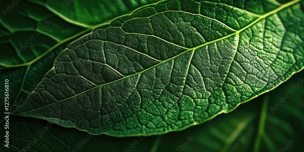 Poster close-up of textured green leaves displaying intricate vein patterns and a glossy surface, highlight