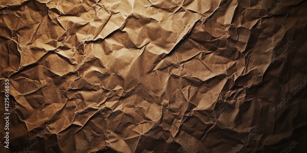 Poster textured brown crumpled paper background with shadow effects highlighting edges and emphasizing vign