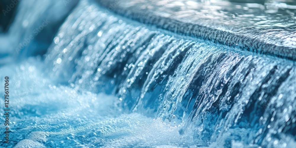 Poster clear flowing water cascading down a smooth stone edge with vibrant shades of blue, creating a seren