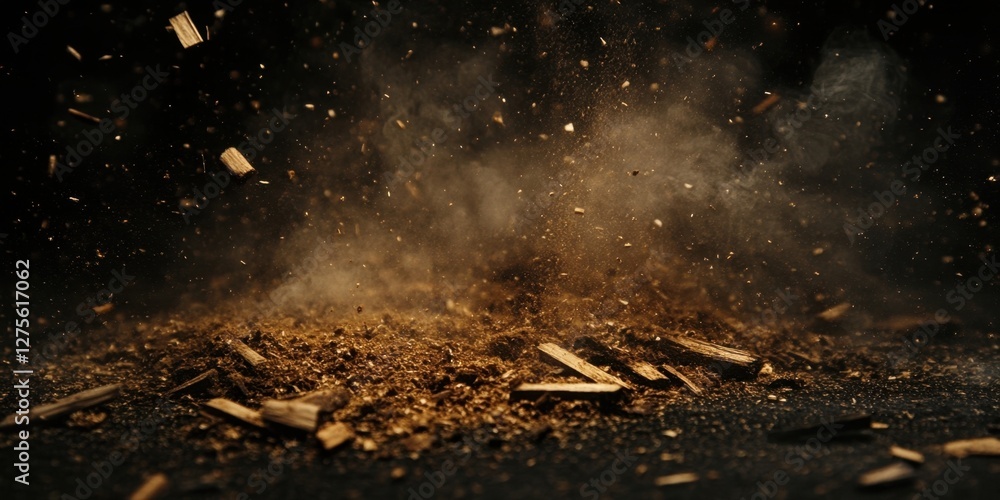 Poster dynamic scene of floating dust and wood chips on a dark background showcasing movement with particle