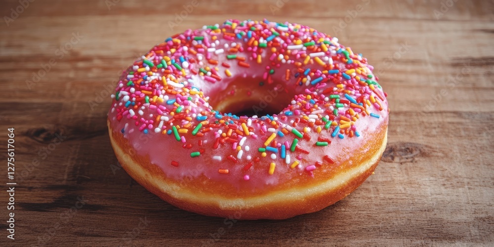 Poster vibrant pink strawberry donut covered with colorful sprinkles centered on rustic wooden background w