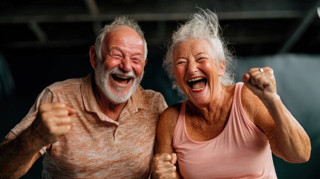 A joyful elderly couple shares a laugh and a moment of pure happiness with their arms raised in celebration, embodying love, companionship, and the joy of aging gracefully together.