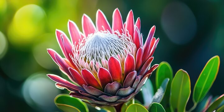 Vibrant King Protea flower in full bloom, featuring pink and white petals, surrounded by lush green leaves, set against a soft bokeh background.