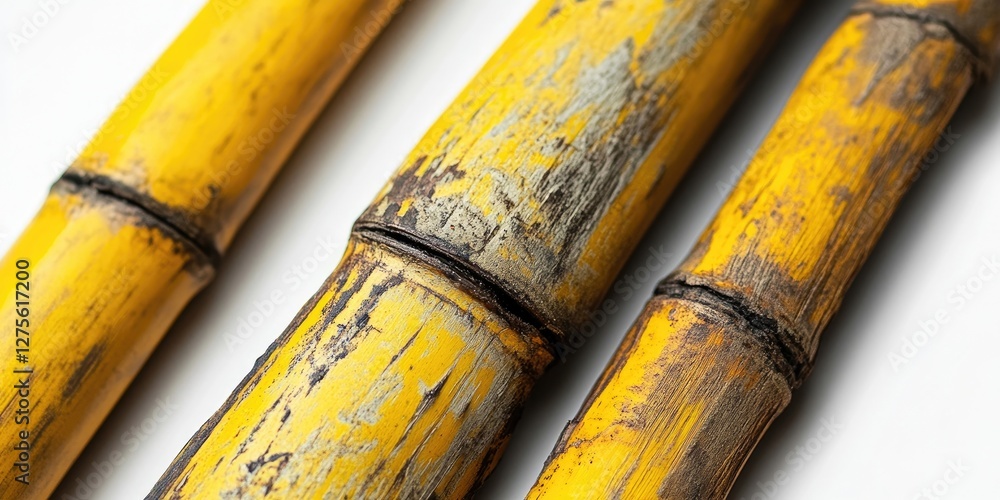 Poster close up of aged yellow bamboo sticks with intricate patterns against a white background highlightin