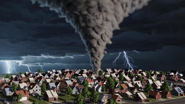 Destructive tornado engulfs residential area during severe storm conditions in the evening