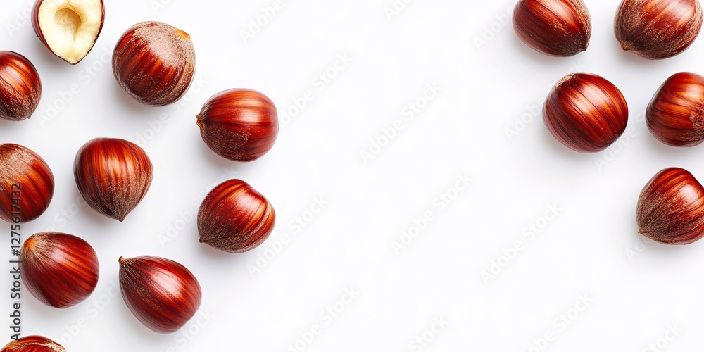 Aufkleber chestnuts arranged in a flat lay on a white background with ample copy space featuring deep red-brow