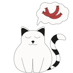 Funny Cat dreams about Sausages. Whimsical Cat isolated transparent background can used packaging of Cat Food. Vector illustration. EPS 10