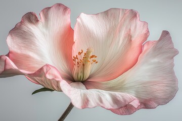 Close-up of a delicate pink and white hibiscus flower exhibiting soft, flowing petals and intricate details, showcasing the beauty of nature in a minimalist style