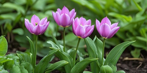 Vibrant pink tulips with white edges in a lush green garden background, arranged in a natural setting, capturing the essence of springtime beauty.