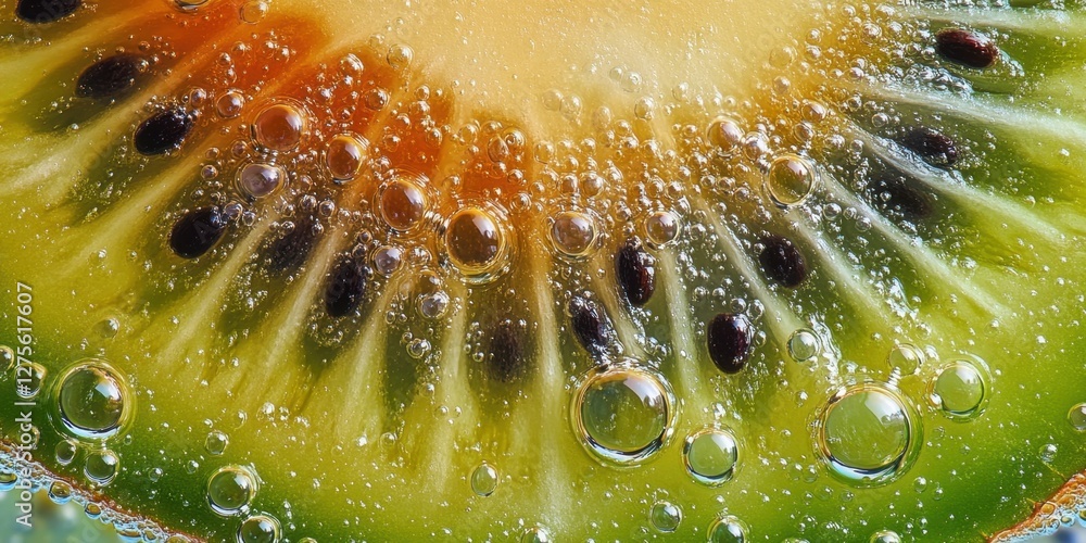 Poster close up of a vibrant kiwi slice with green and orange hues featuring bubbles in the foreground enha