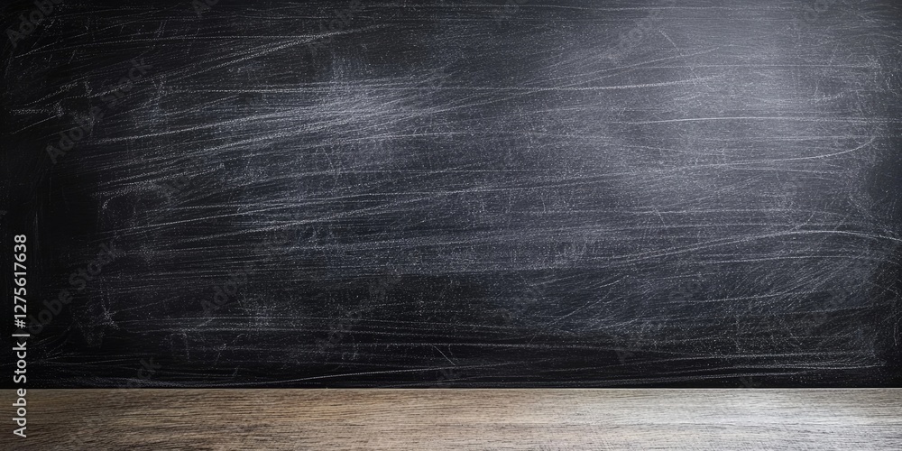 Poster empty chalkboard background with textured black surface and clean wooden countertop at the bottom fo