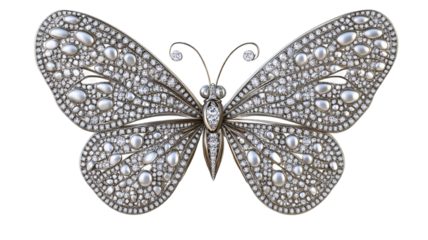 A luxury butterfly brooch encrusted with diamonds and set in platinum, featuring fine detailing and delicate wings, isolated on a transparent background for emphasis.
