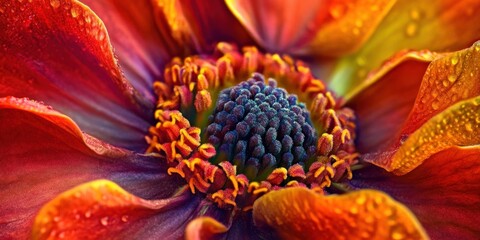 Vibrant close-up of a flower with orange and red petals, featuring intricate blue details at the center and dewdrops enhancing its natural beauty.