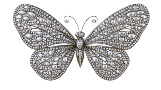 A luxury butterfly brooch encrusted with diamonds and set in platinum, featuring fine detailing and delicate wings, isolated on a transparent background for emphasis.