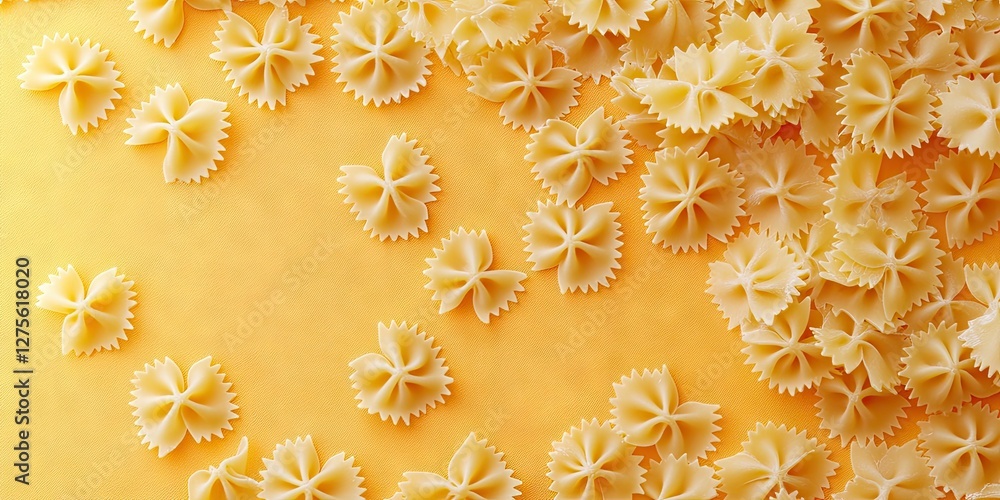 Aufkleber farfalle pasta scattered on a yellow background creating a bright, vibrant texture; empty space in t