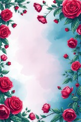 Vibrant red roses frame a serene blue background offering a serene touch of nature’s elegance and beauty