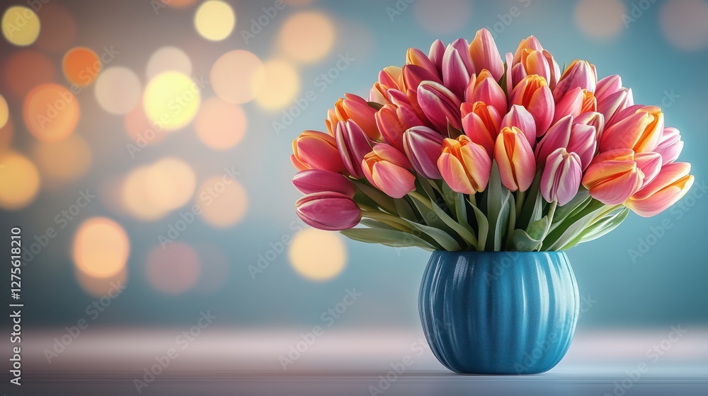 Poster beautiful tulips in a vase with blurred background and copy space for springtime inspiration