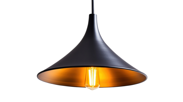 A minimalist pendant light with a matte black metal shade and a warm amber bulb, isolated on a transparent background, emphasizing its simple yet stylish appeal.