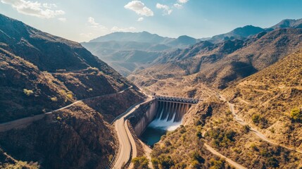 Aerial View of Scenic Dam and River Surrounded by Mountains