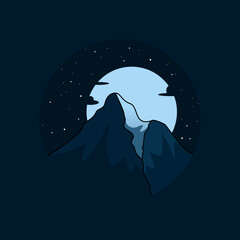 Beautiful and minimalist mountain and moon design with starry sky, landscape design in circle
