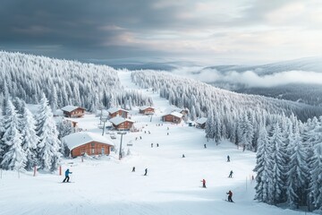 Aerial view showcases a picturesque ski resort with wooden chalets nestled among snow-covered pine trees, skiers enjoying the slopes under a cloudy sky in a winter wonderland