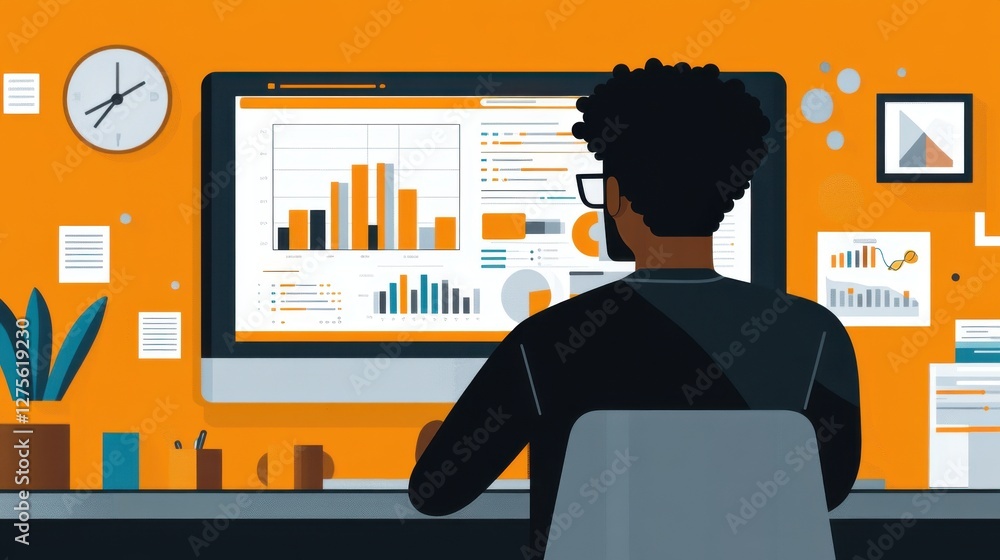 Poster man analyzing data on computer screen in modern office
