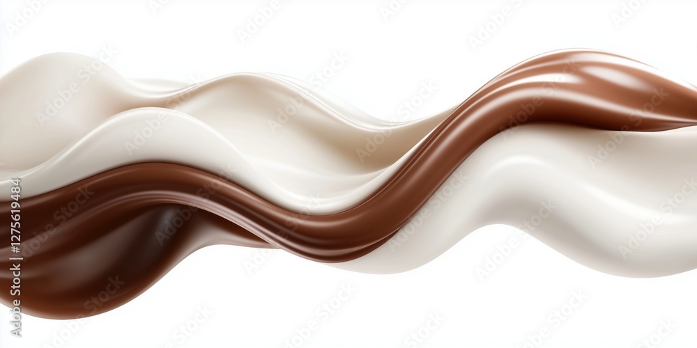 Poster chocolate and milk wave flowing smoothly, isolated on white background with ample copy space for cre