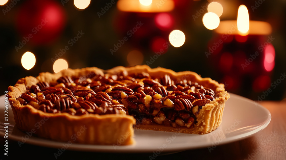 Poster pecan tart sits on a white plate with a slice missing, surrounded by warm bokeh lights. concept of c