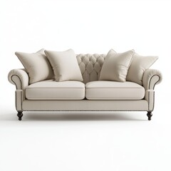 Fototapeta premium Classic roll-arm sofa with soft linen upholstery isolated on white