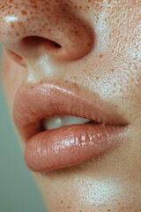 Fototapeta premium Close-up image showcasing smooth, glossy lips accompanied by natural freckles on fair skin, highlighting beauty and skincare
