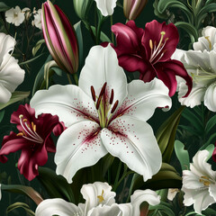 Fototapeta premium Beautiful floral pattern featuring white and red lilies