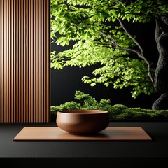 Atmospheric 3D Render of Traditional Hoj Bowl with Vertical Wood Panel and Green Tree Background