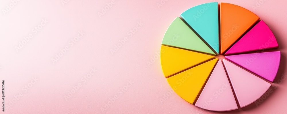 Poster colorful pie chart segments on pink background business data analysis